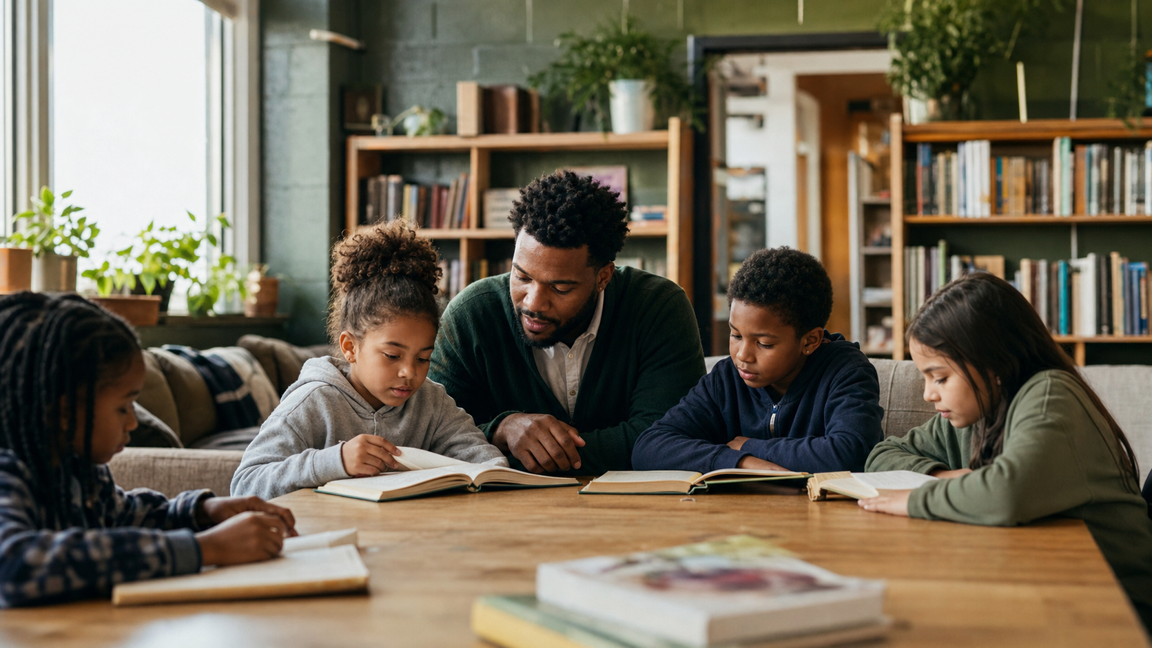 Elementary students reading with a tutor at a community center